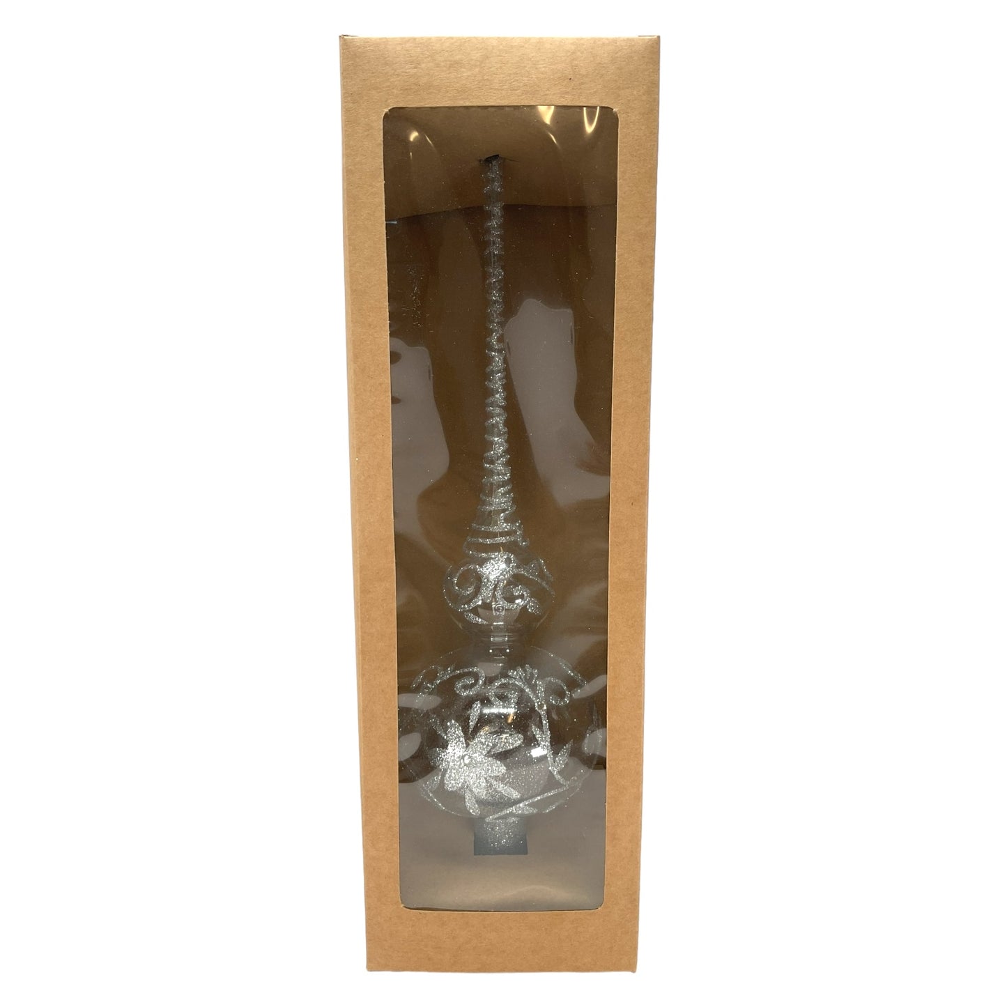 Pinnacle Peak Trading Clear with Silver Glitter Floral Design Polish Glass Finial Christmas Tree Topper 14.5 inch
