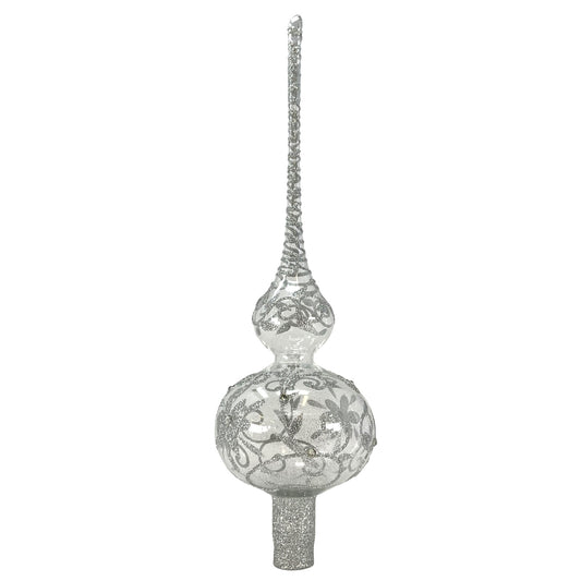 Pinnacle Peak Trading Clear with Silver Glitter Floral Design Polish Glass Finial Christmas Tree Topper 14.5 inch