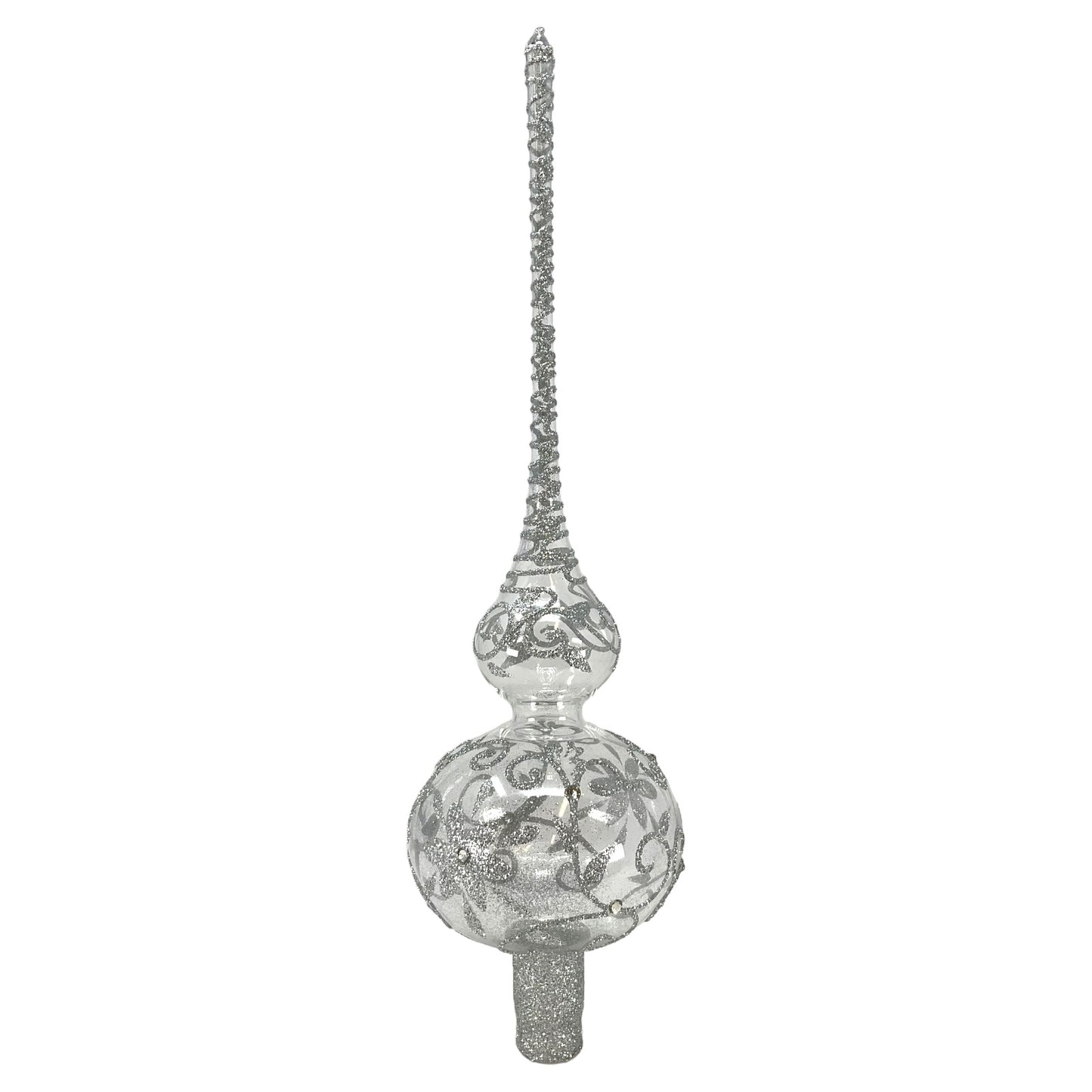 Pinnacle Peak Trading Clear with Silver Glitter Floral Design Polish Glass Finial Christmas Tree Topper 14.5 inch