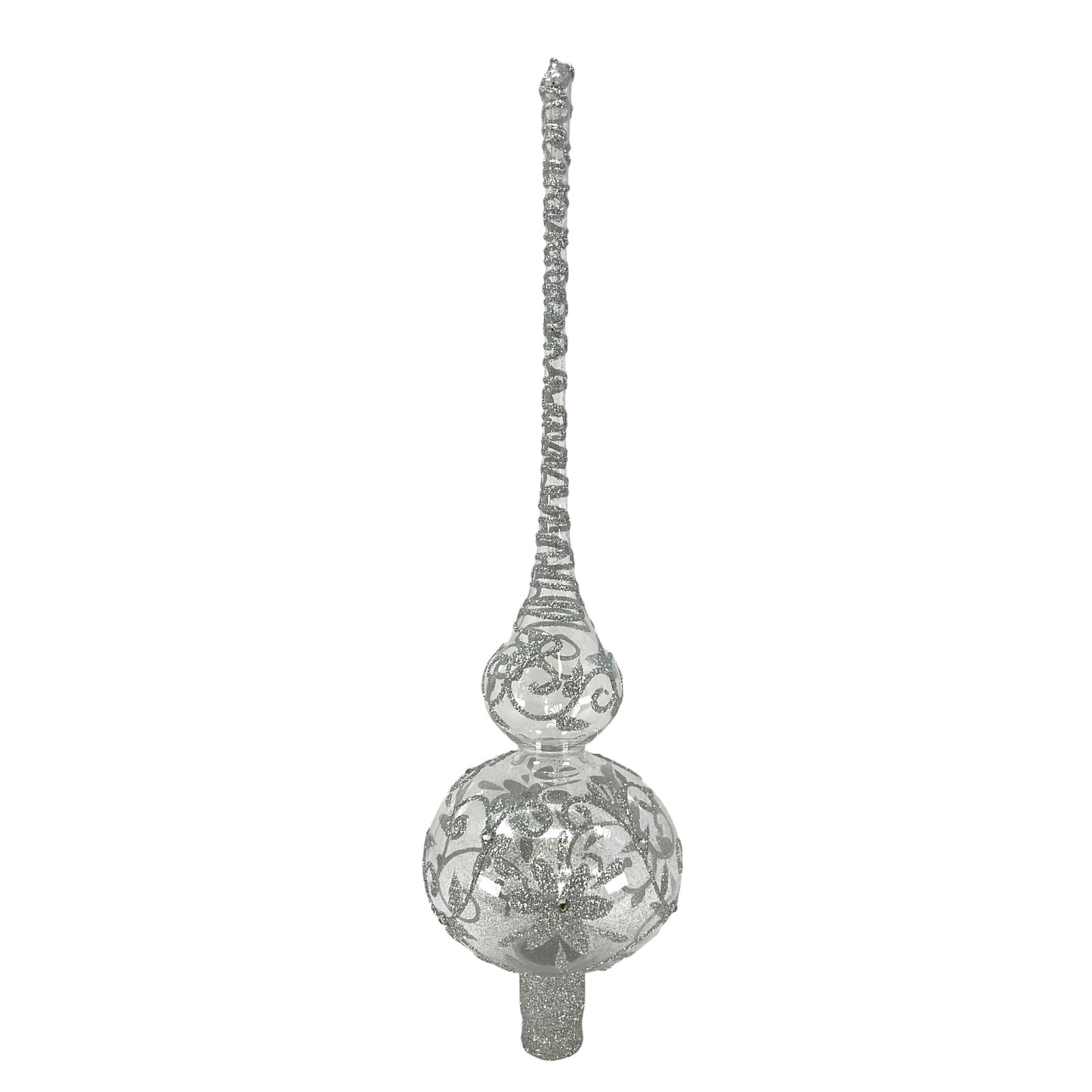 Pinnacle Peak Trading Clear with Silver Glitter Floral Design Polish Glass Finial Christmas Tree Topper 14.5 inch