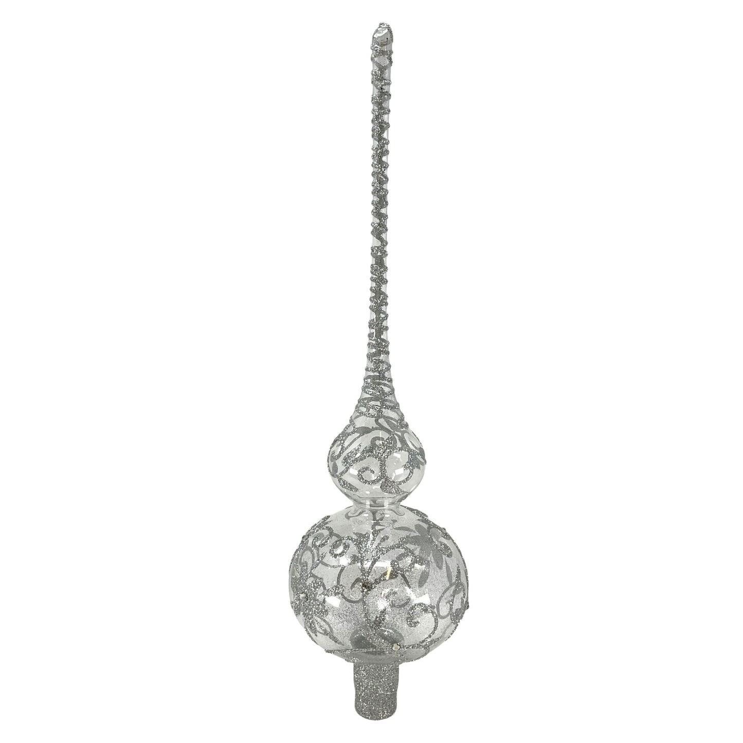 Pinnacle Peak Trading Clear with Silver Glitter Floral Design Polish Glass Finial Christmas Tree Topper 14.5 inch