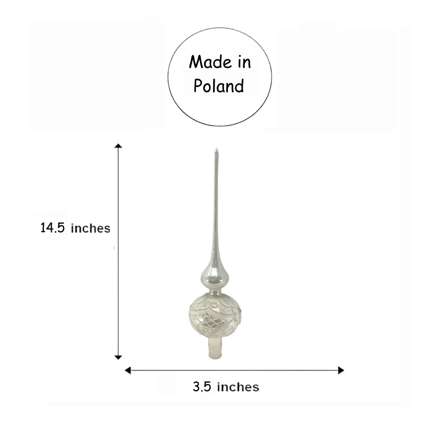 Pinnacle Peak Trading White Bead and Glitter Design Polish Glass Finial Christmas Tree Topper 14.5 inch