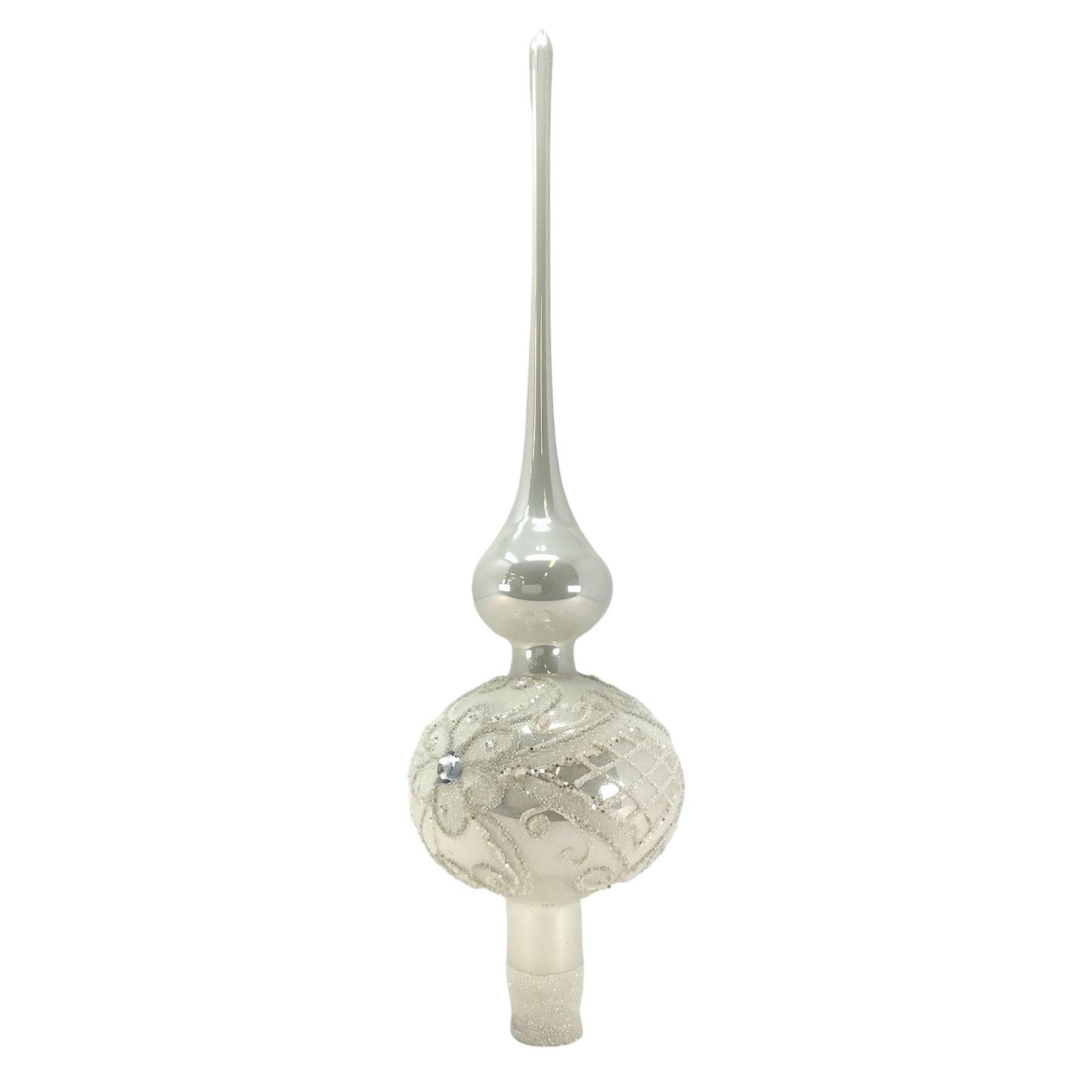 Pinnacle Peak Trading White Bead and Glitter Design Polish Glass Finial Christmas Tree Topper 14.5 inch