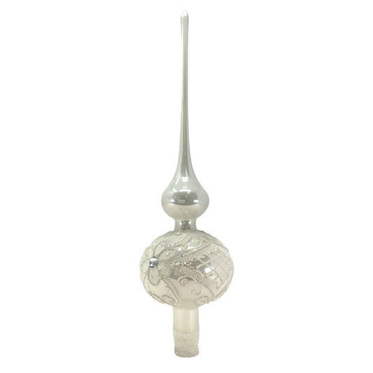 Pinnacle Peak Trading White Bead and Glitter Design Polish Glass Finial Christmas Tree Topper 14.5 inch