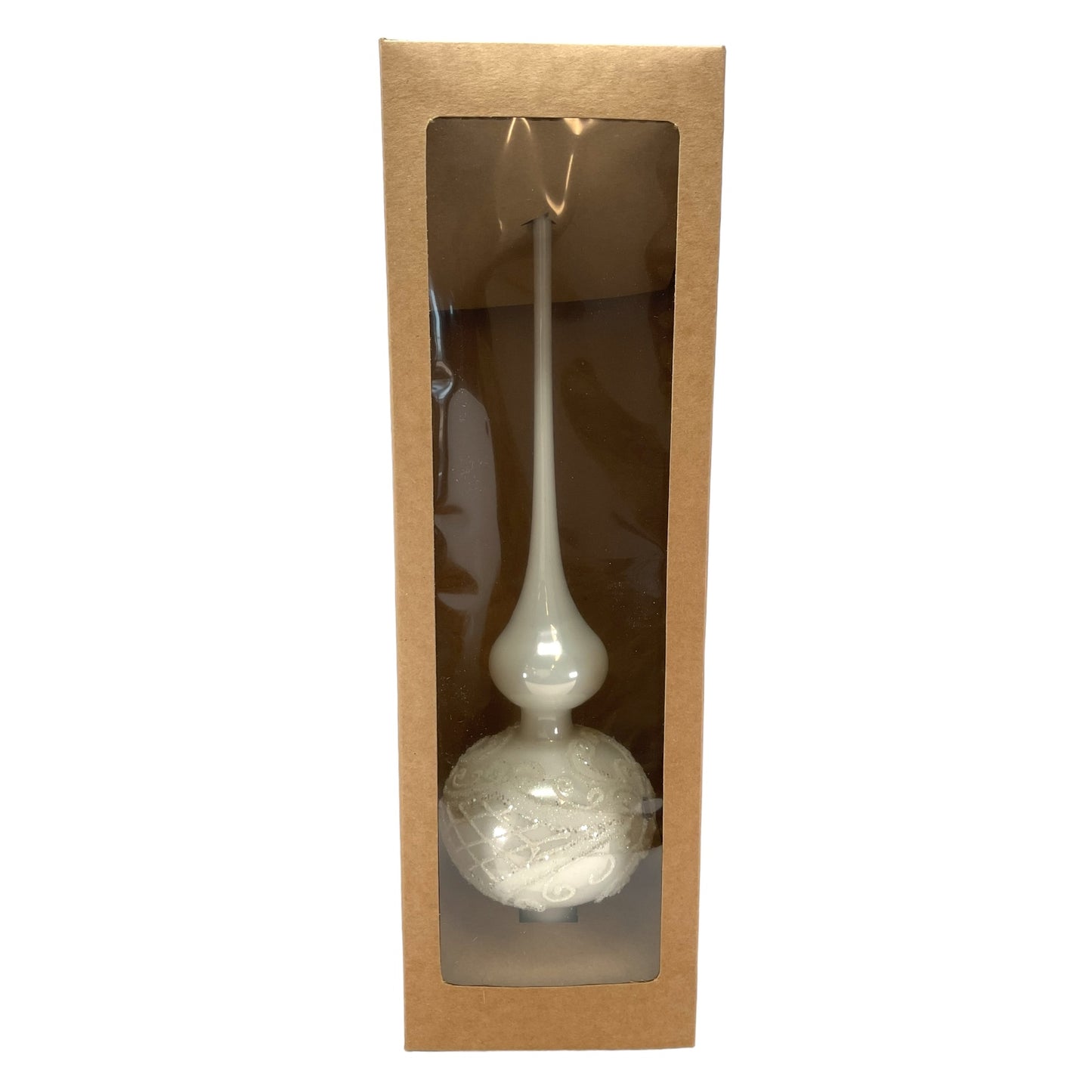 Pinnacle Peak Trading White Bead and Glitter Design Polish Glass Finial Christmas Tree Topper 14.5 inch