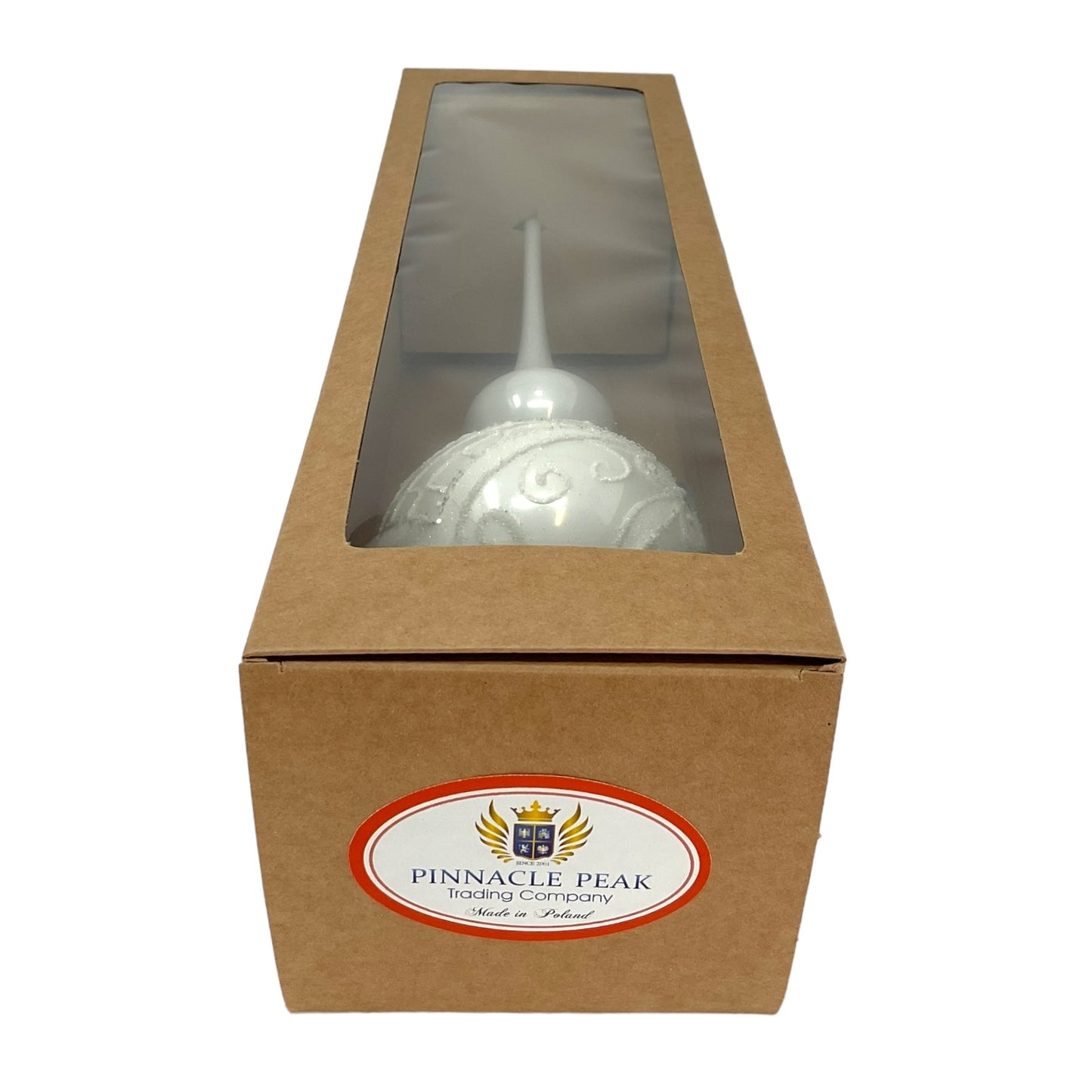 Pinnacle Peak Trading White Bead and Glitter Design Polish Glass Finial Christmas Tree Topper 14.5 inch