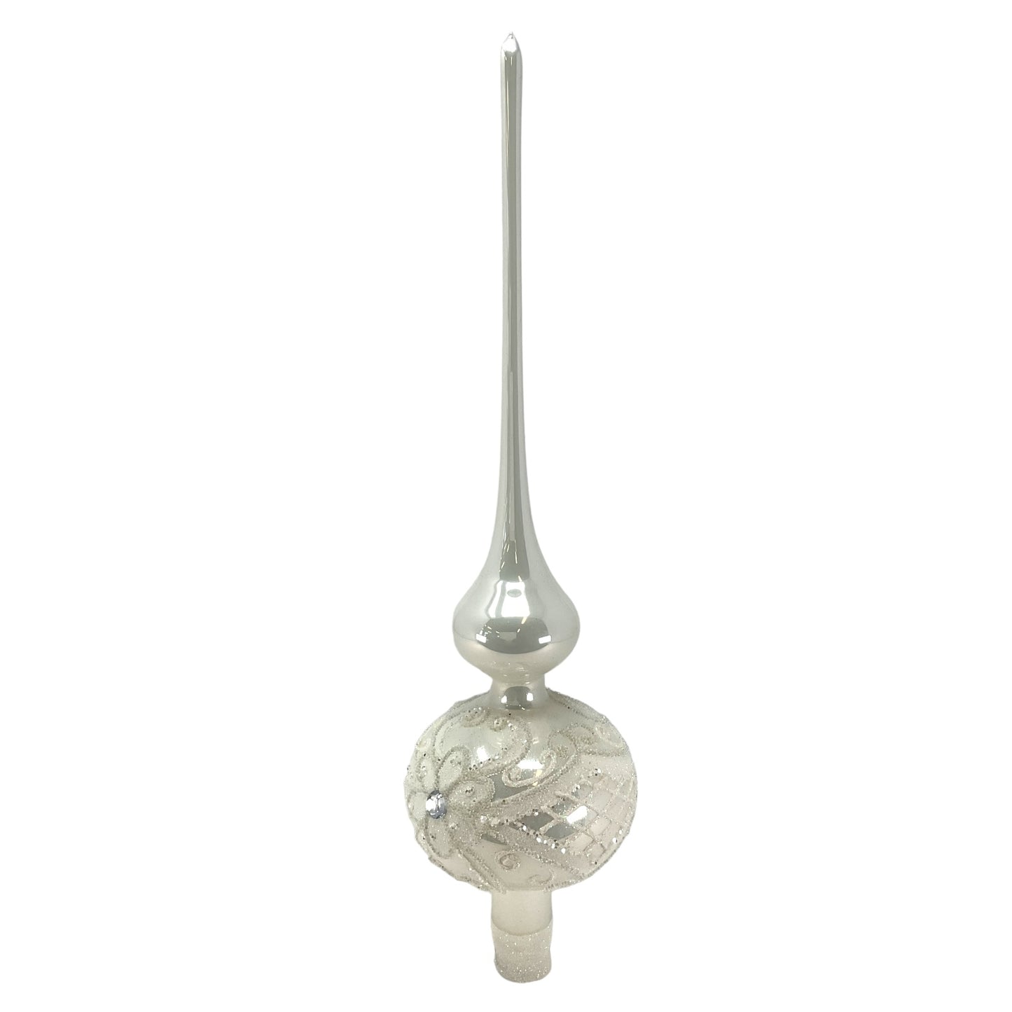 Pinnacle Peak Trading White Bead and Glitter Design Polish Glass Finial Christmas Tree Topper 14.5 inch