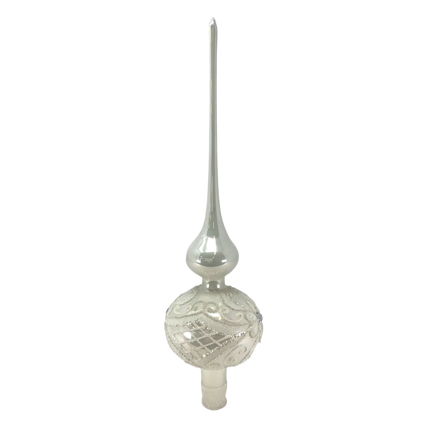 Pinnacle Peak Trading White Bead and Glitter Design Polish Glass Finial Christmas Tree Topper 14.5 inch