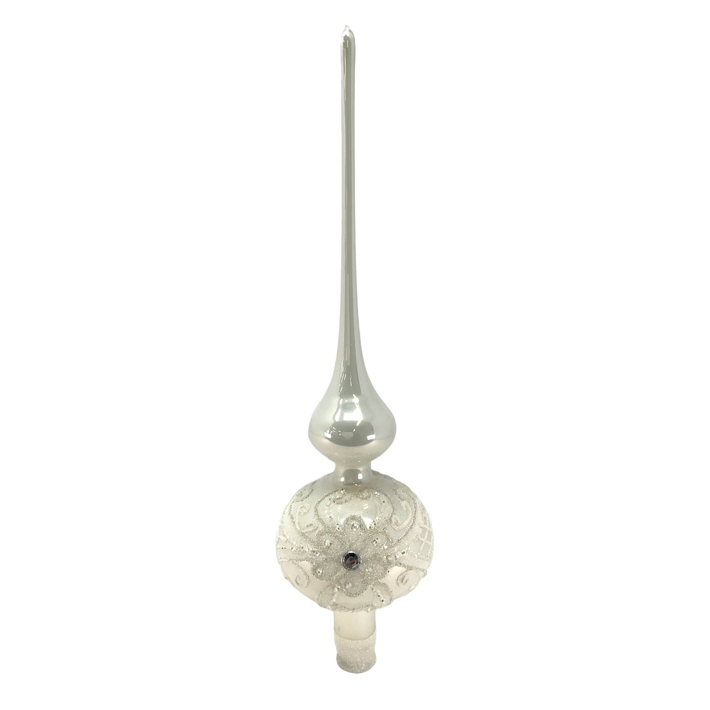 Pinnacle Peak Trading White Bead and Glitter Design Polish Glass Finial Christmas Tree Topper 14.5 inch