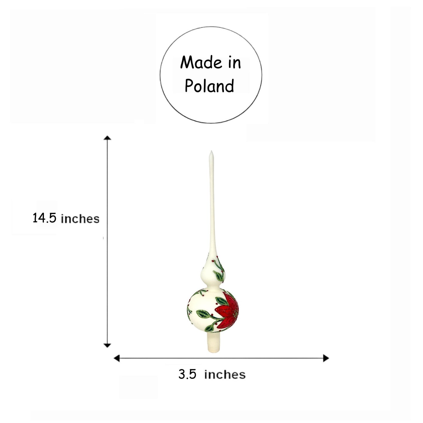 Pinnacle Peak Trading Poinsettia Design White Polish Glass Finial Christmas Tree Topper 14.5 inch
