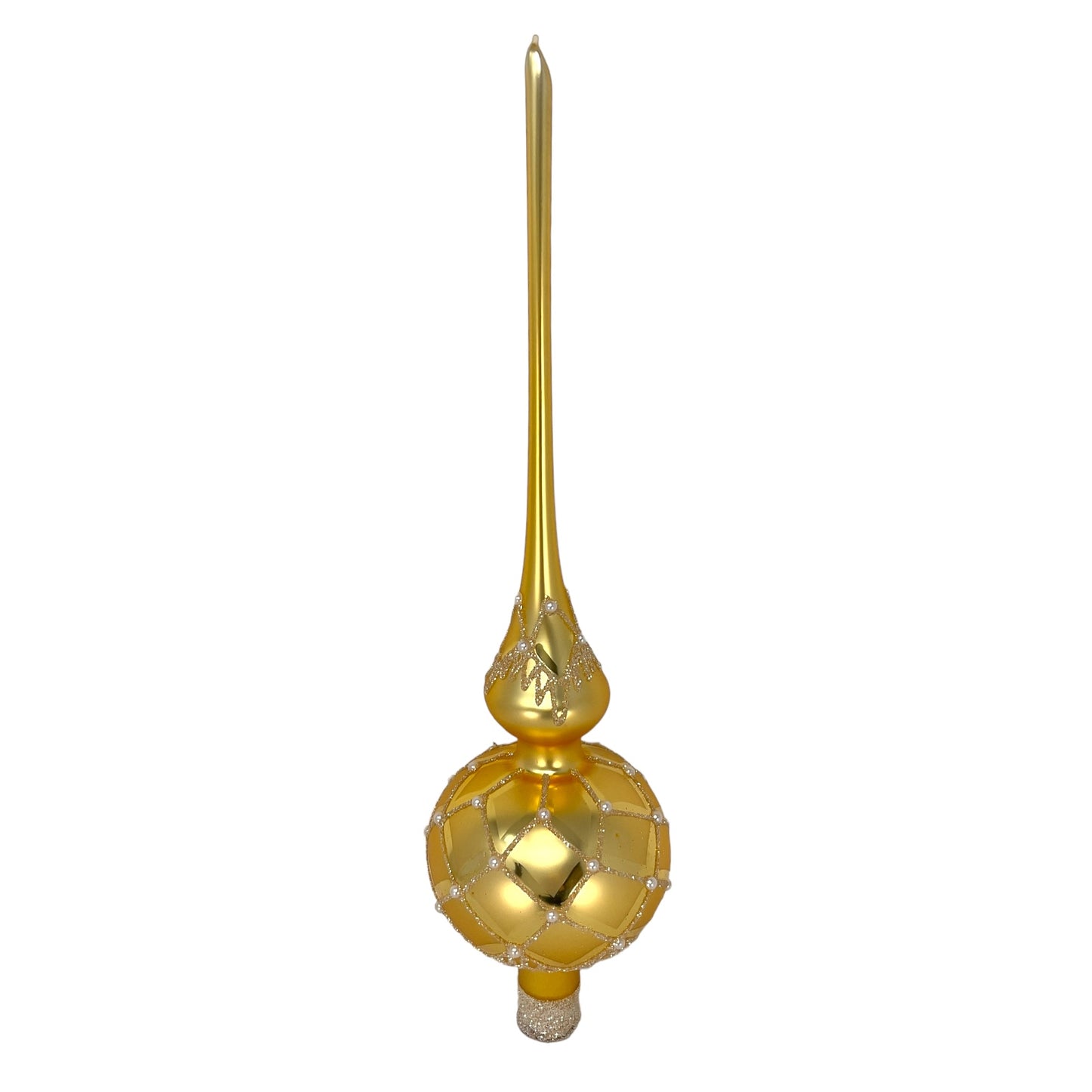 Pinnacle Peak Trading Gold Finial with Glitter Pearl Beads Polish Glass Christmas Tree Topper 14.5 inch