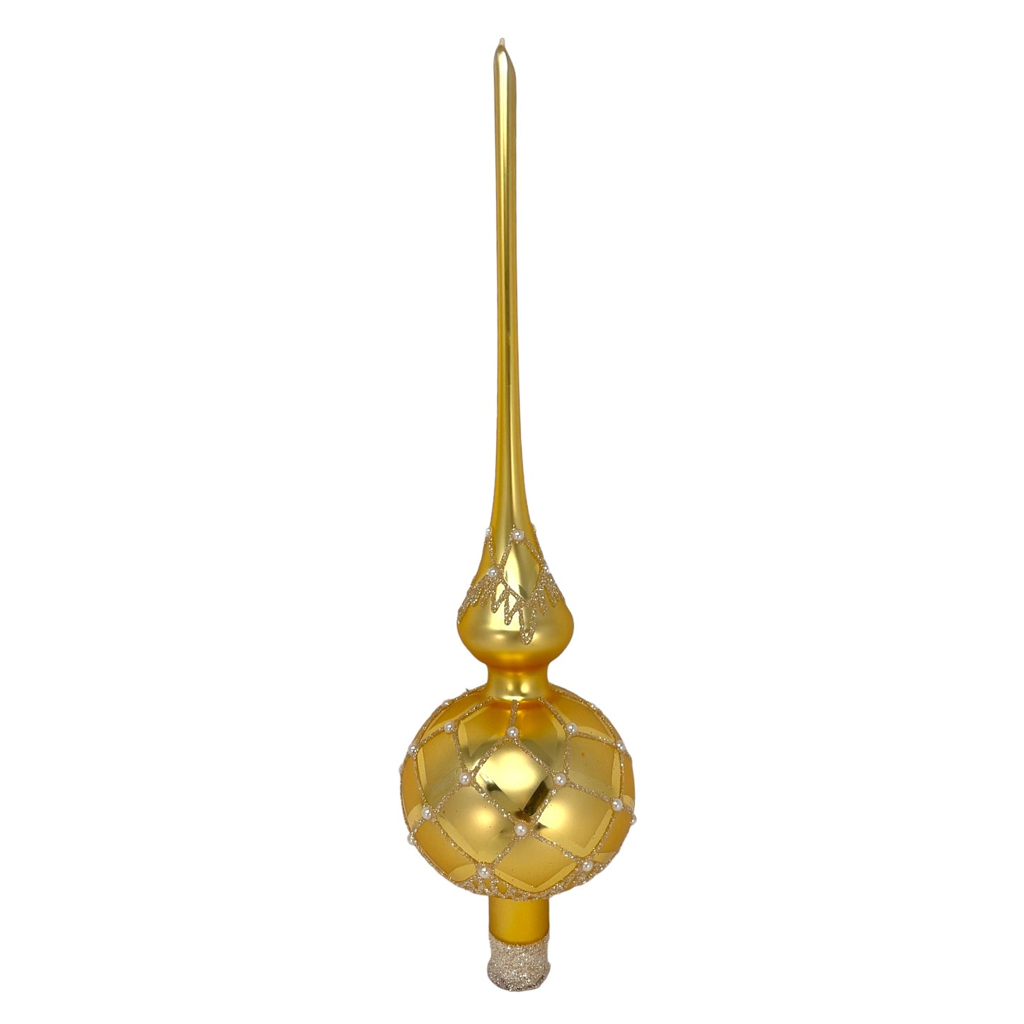 Pinnacle Peak Trading Gold Finial with Glitter Pearl Beads Polish Glass Christmas Tree Topper 14.5 inch