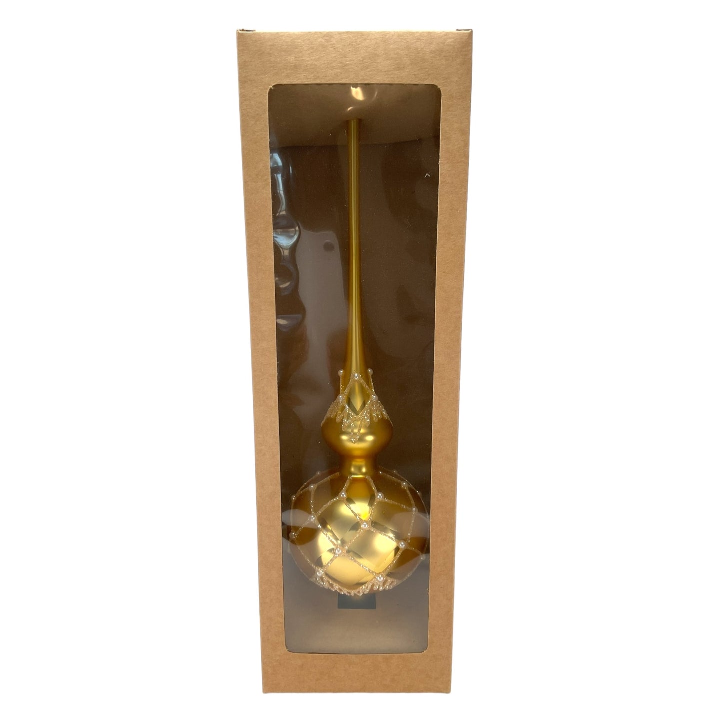 Pinnacle Peak Trading Gold Finial with Glitter Pearl Beads Polish Glass Christmas Tree Topper 14.5 inch