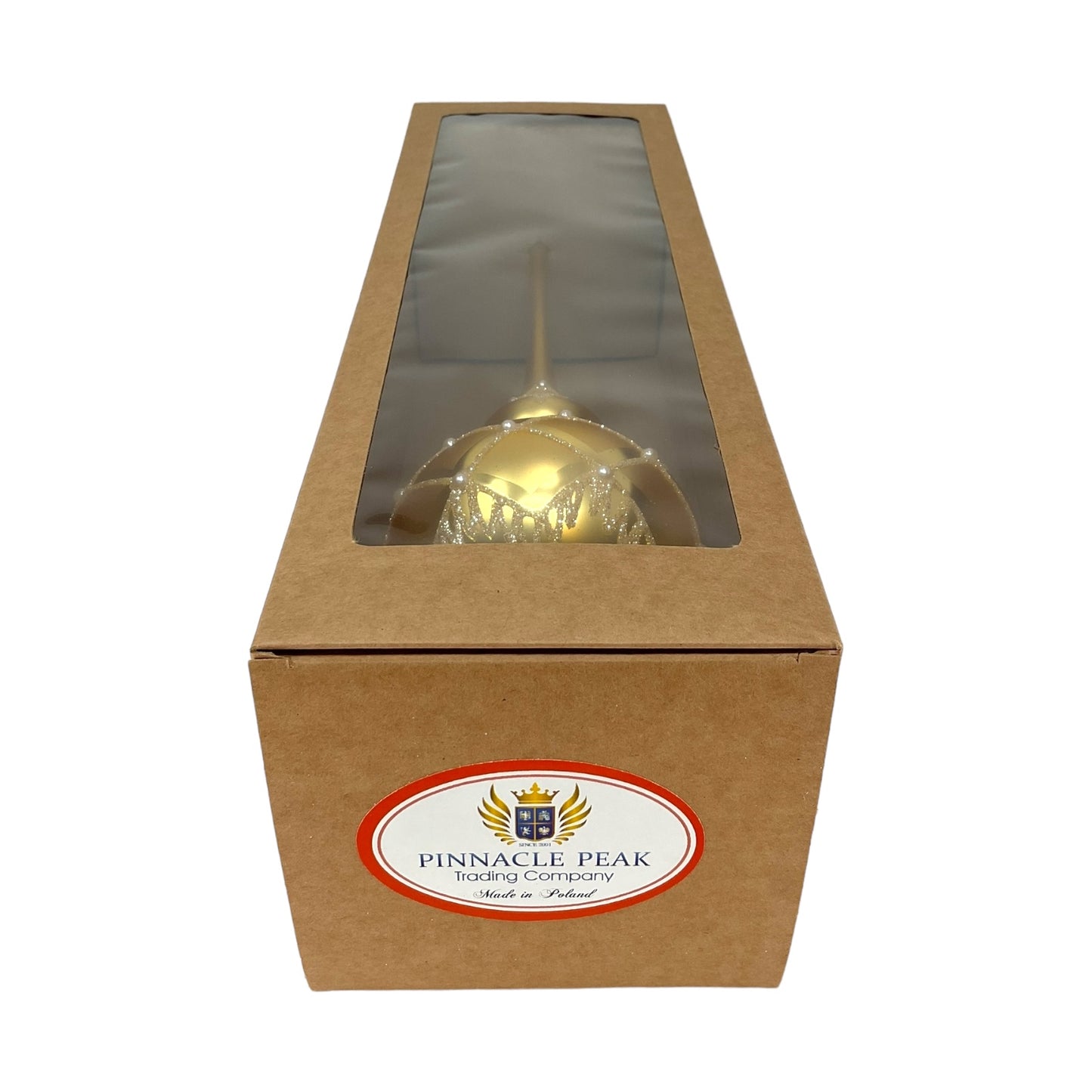Pinnacle Peak Trading Gold Finial with Glitter Pearl Beads Polish Glass Christmas Tree Topper 14.5 inch