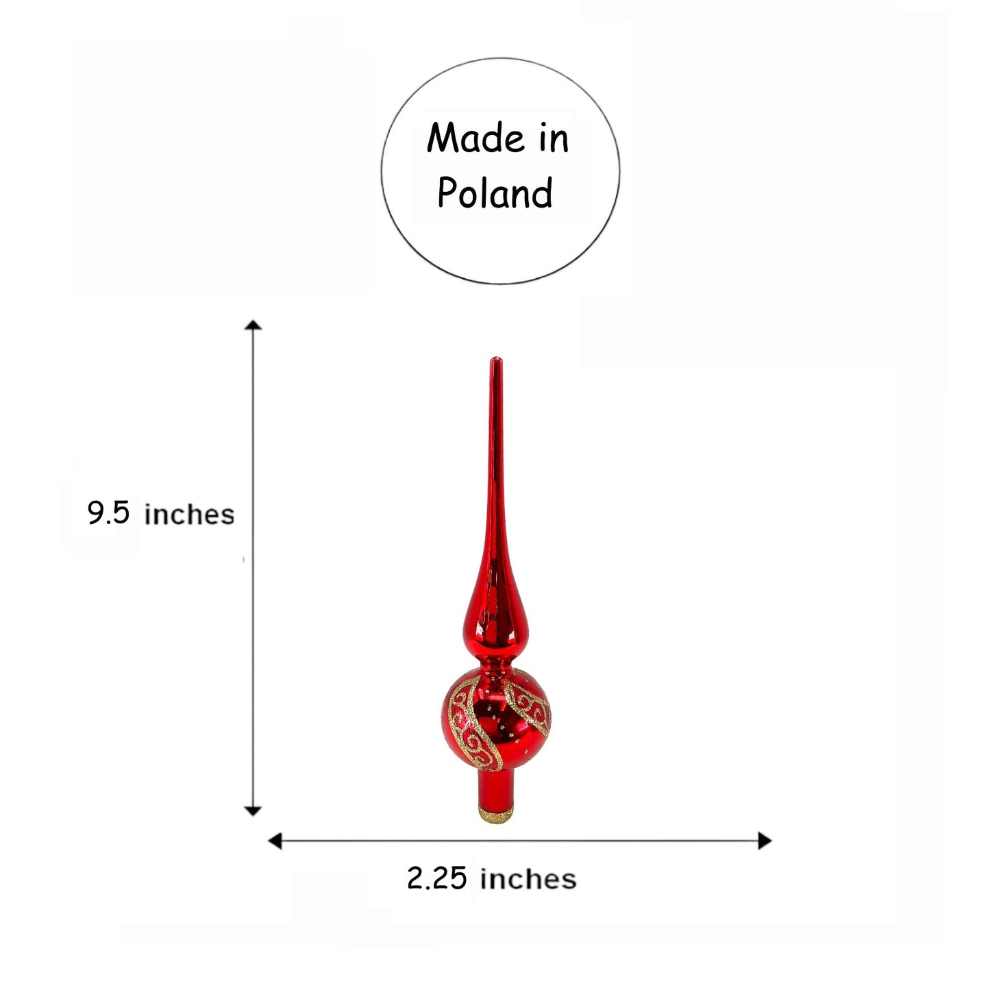 Pinnacle Peak Trading Red Finial with Gold Glitter Design Polish Glass Christmas Tree Topper 9.5 inch