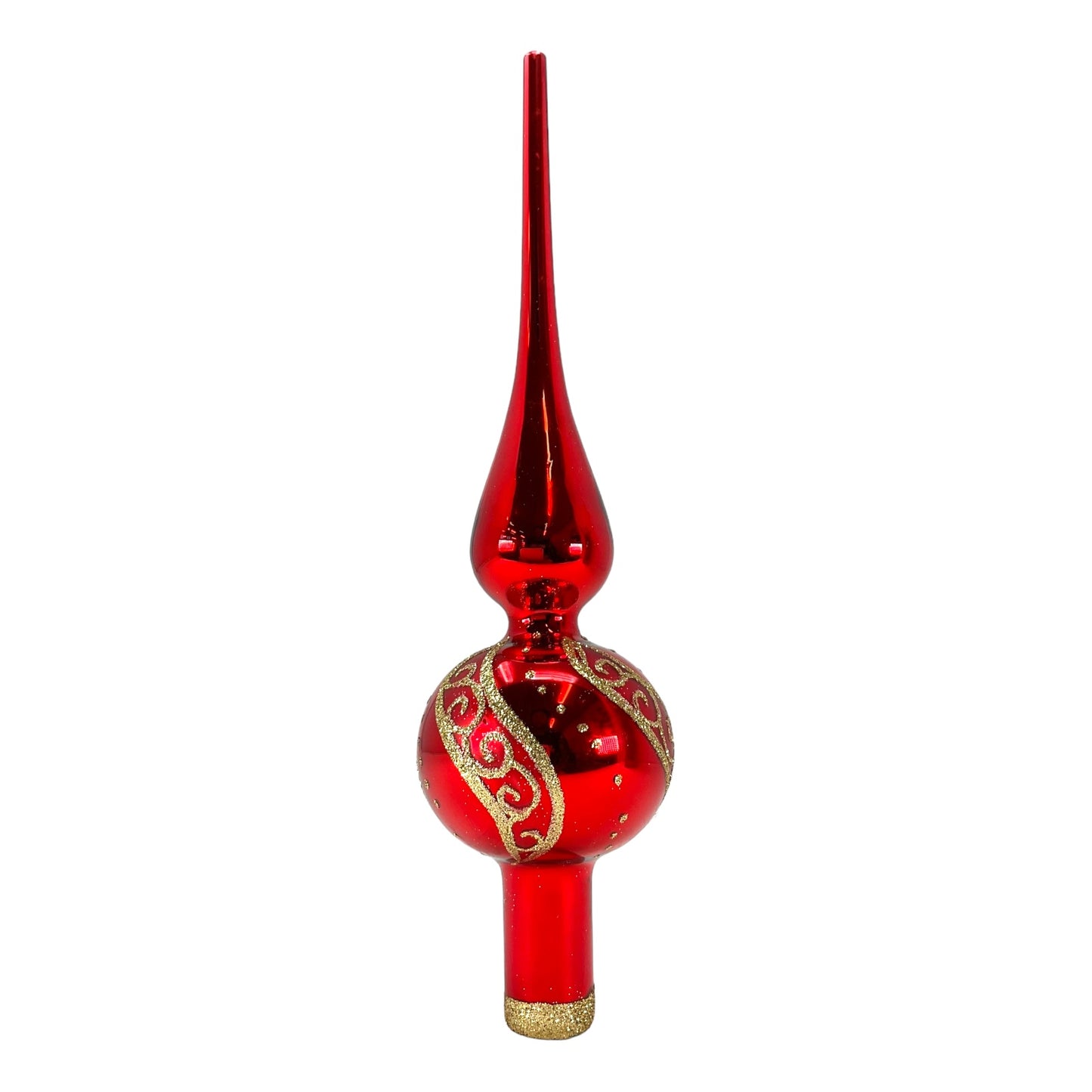 Pinnacle Peak Trading Red Finial with Gold Glitter Design Polish Glass Christmas Tree Topper 9.5 inch