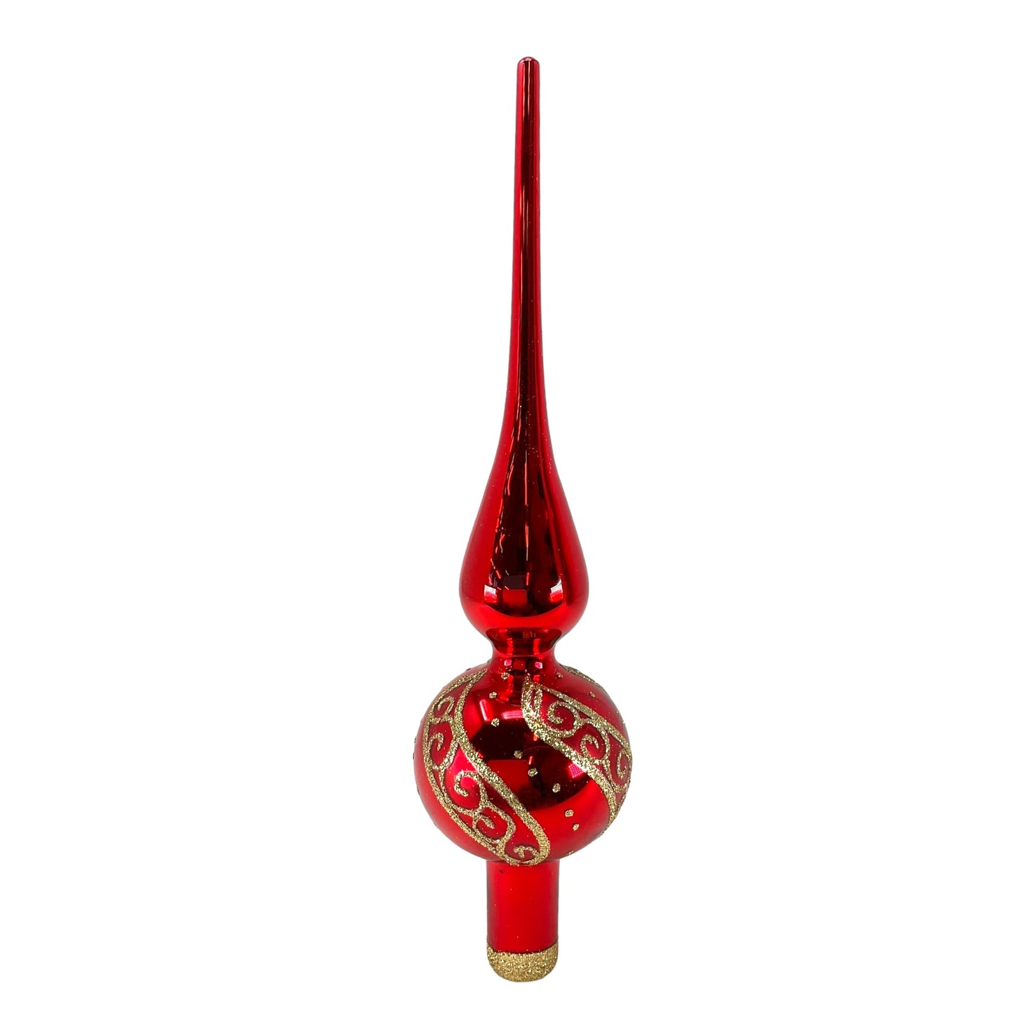 Pinnacle Peak Trading Red Finial with Gold Glitter Design Polish Glass Christmas Tree Topper 9.5 inch