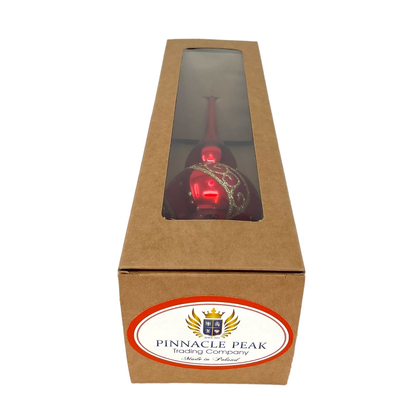 Pinnacle Peak Trading Red Finial with Gold Glitter Design Polish Glass Christmas Tree Topper 9.5 inch