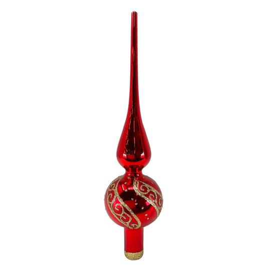 Pinnacle Peak Trading Red Finial with Gold Glitter Design Polish Glass Christmas Tree Topper 9.5 inch