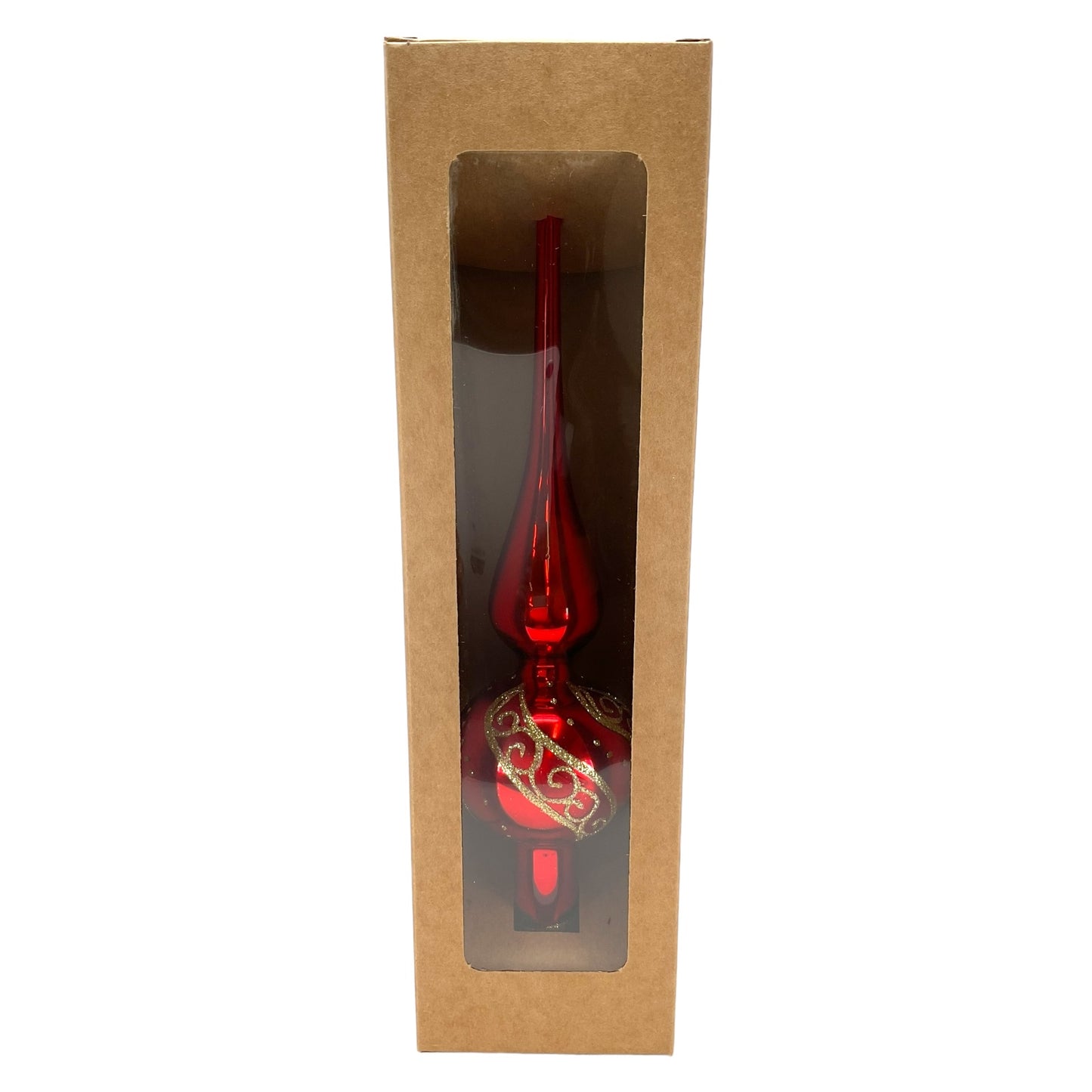Pinnacle Peak Trading Red Finial with Gold Glitter Design Polish Glass Christmas Tree Topper 9.5 inch