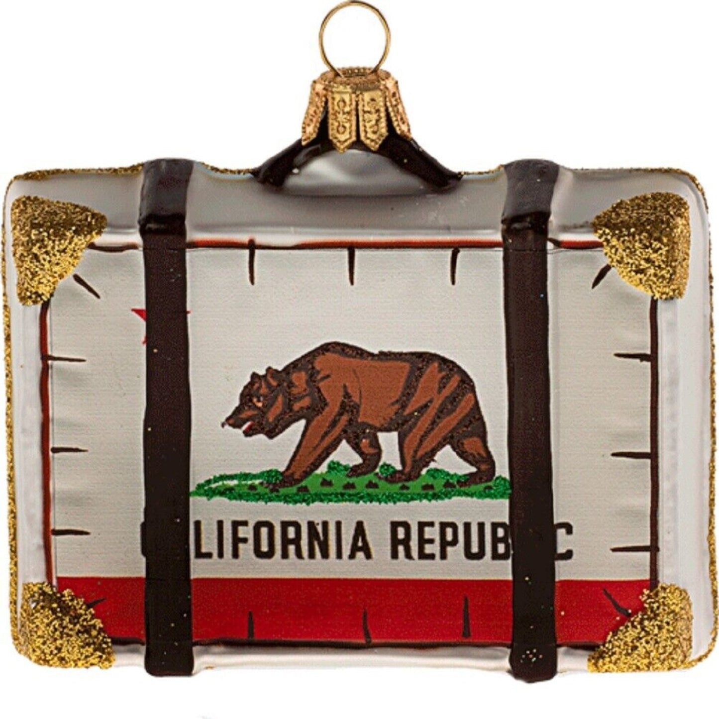 Pinnacle Peak Trading California Travel Suitcase Polish Glass Christmas Tree Ornament