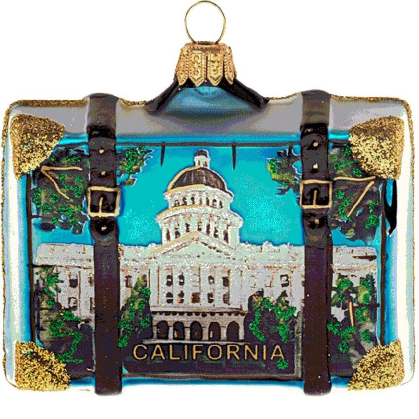 Pinnacle Peak Trading California Travel Suitcase Polish Glass Christmas Tree Ornament
