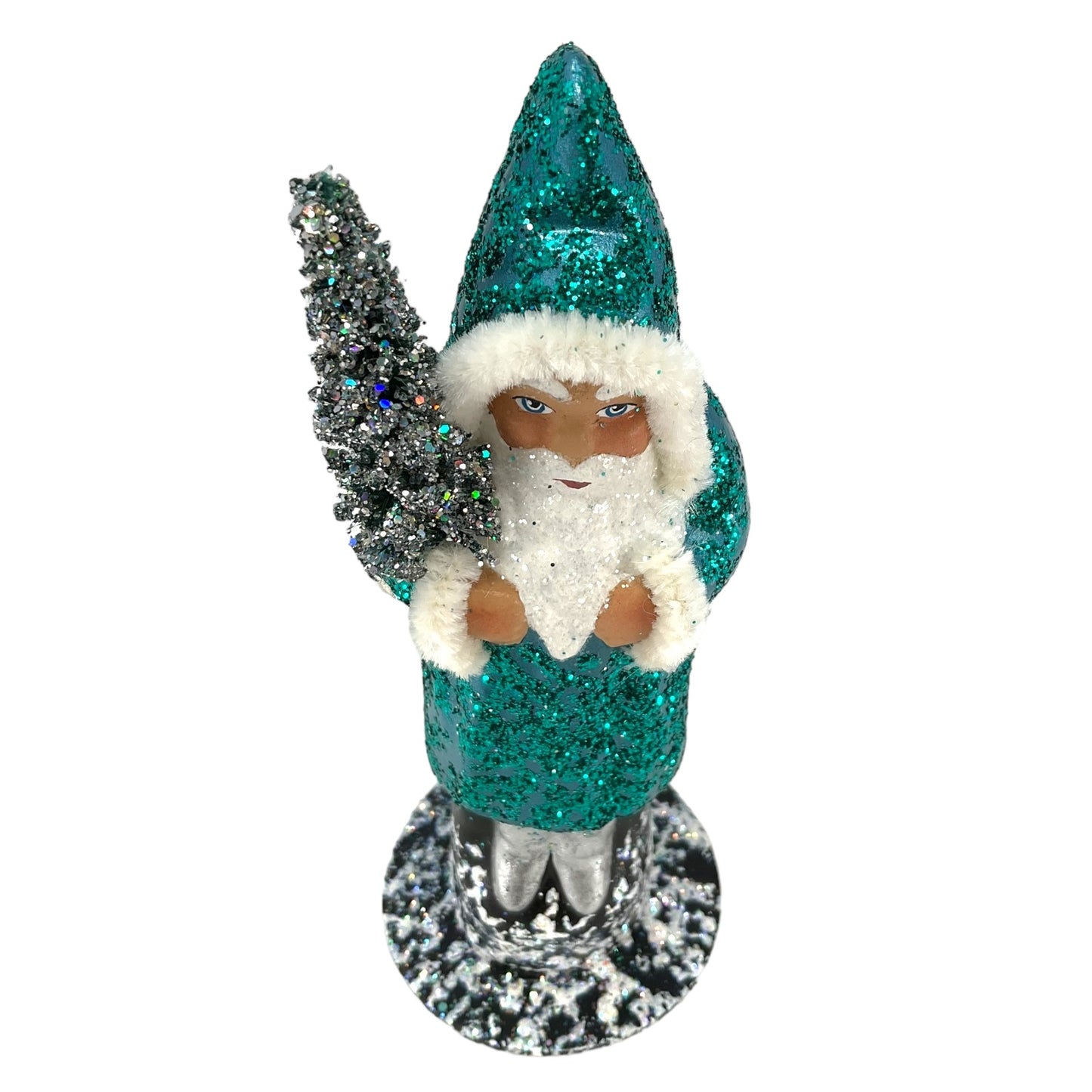 Pinnacle Peak Trading Ino Schaller Petrol Blue Sponged Santa with Silver Tree German Paper Mache