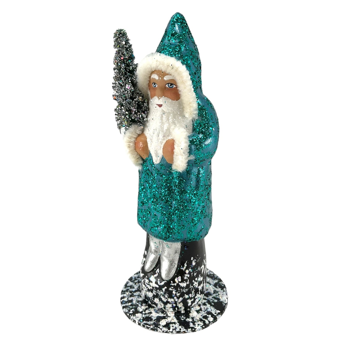 Pinnacle Peak Trading Ino Schaller Petrol Blue Sponged Santa with Silver Tree German Paper Mache