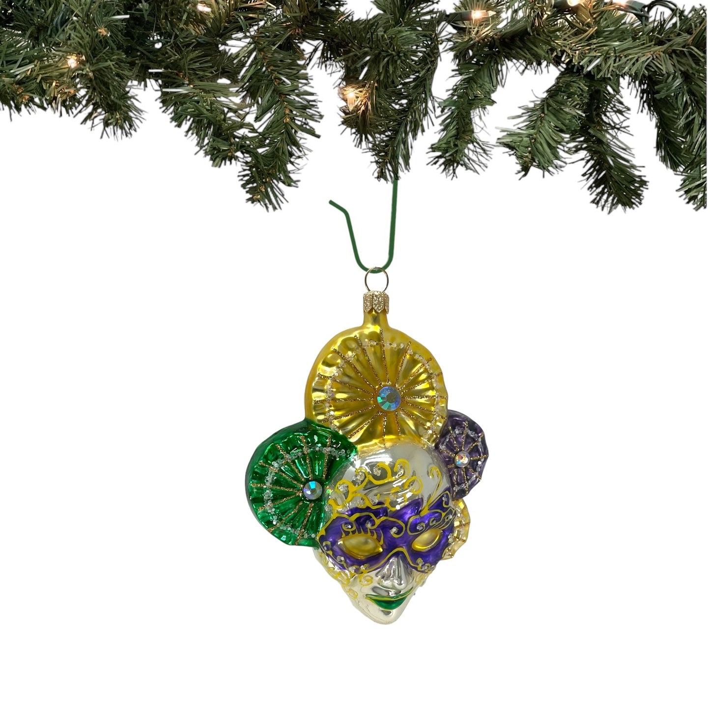Pinnacle Peak Trading Purple and Green Venetian Mask Polish Glass Christmas Ornament