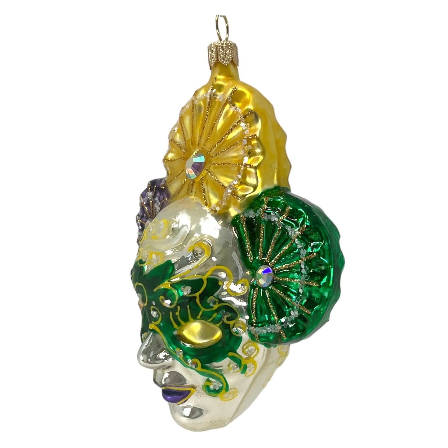 Pinnacle Peak Trading Purple and Green Venetian Mask Polish Glass Christmas Ornament