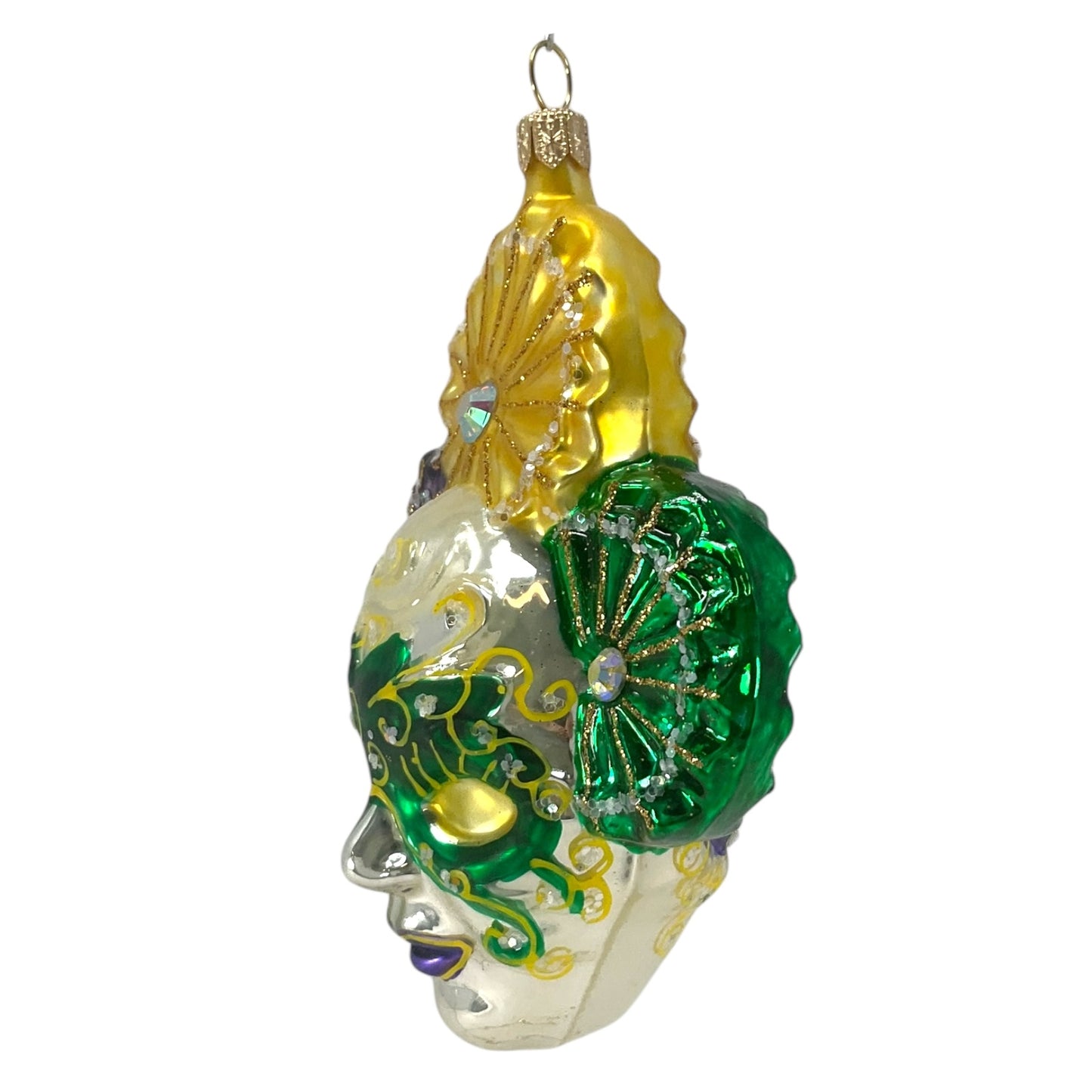 Pinnacle Peak Trading Purple and Green Venetian Mask Polish Glass Christmas Ornament