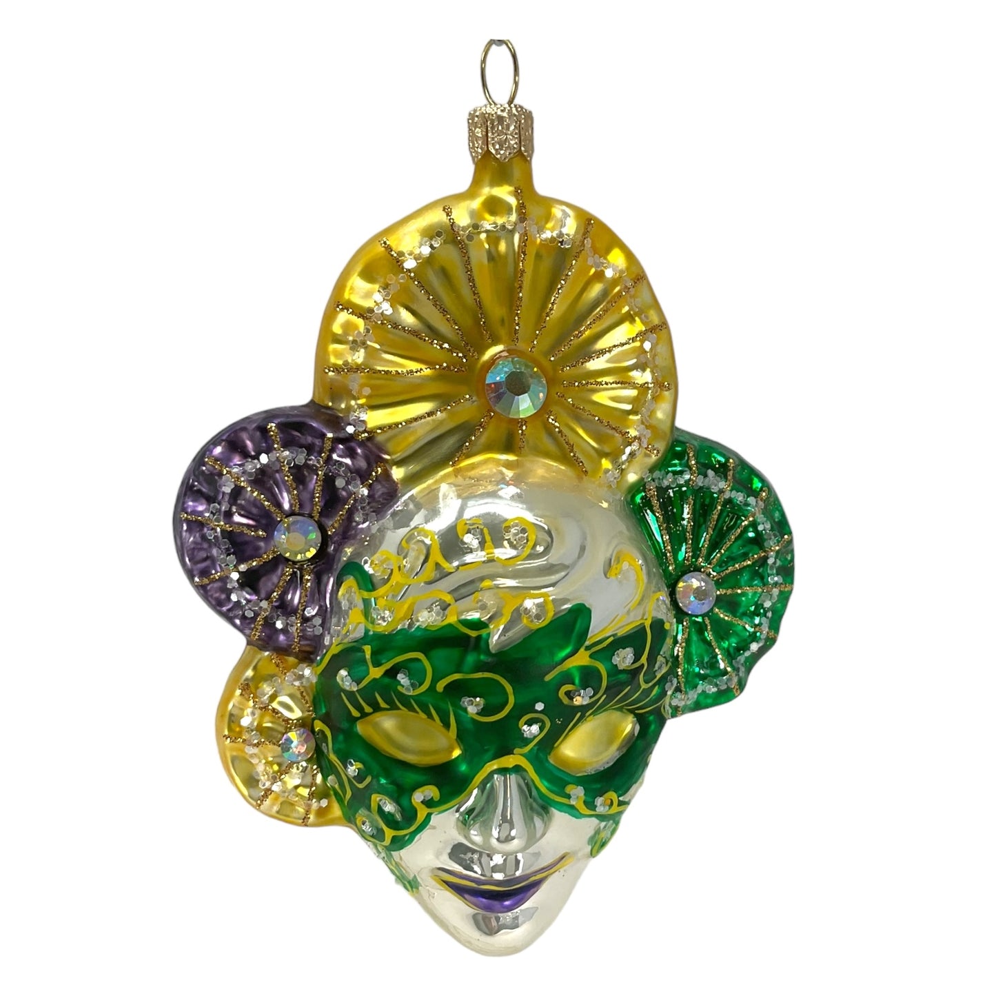 Pinnacle Peak Trading Purple and Green Venetian Mask Polish Glass Christmas Ornament