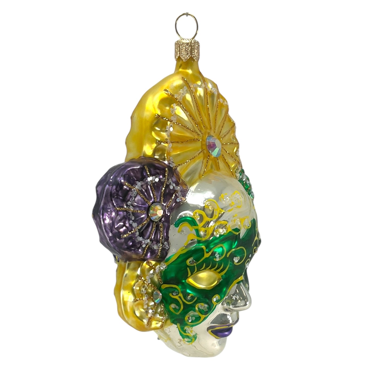 Pinnacle Peak Trading Purple and Green Venetian Mask Polish Glass Christmas Ornament