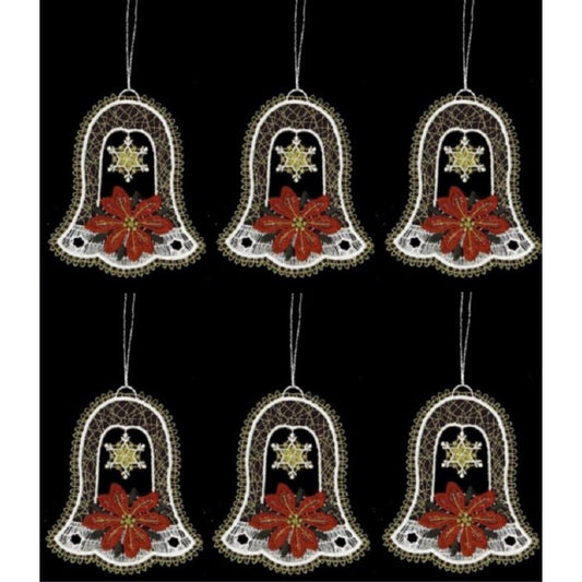 White and Gold Poinsettia Bell German Lace Christmas Ornaments Set of 6 Germany