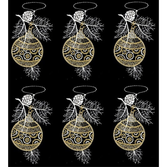 Gold and White Ornament Ball German Lace Christmas Tree Ornaments Set of 6