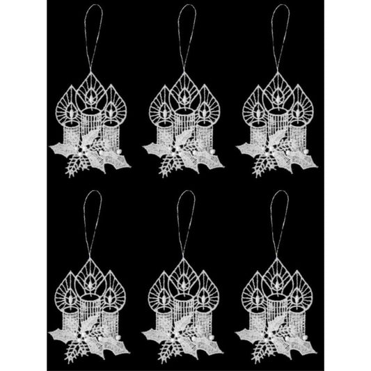 Candles with Holly German Lace Christmas Tree Ornaments Set of 6 Decorations