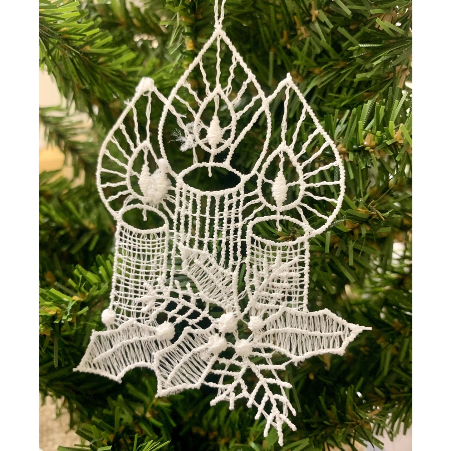 Candles with Holly German Lace Christmas Tree Ornaments Set of 6 Decorations