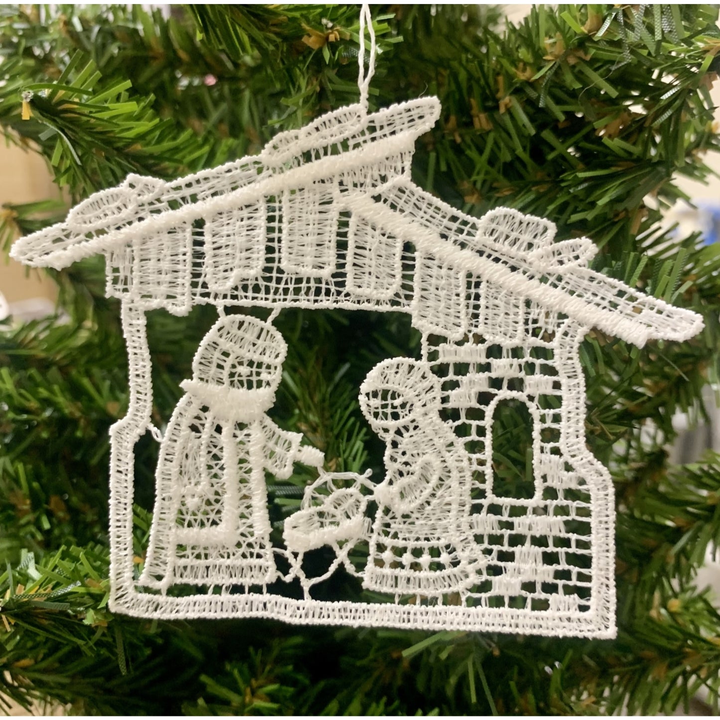 White Lace Nativity Scene with Crib Hanging Ornament Set of 6