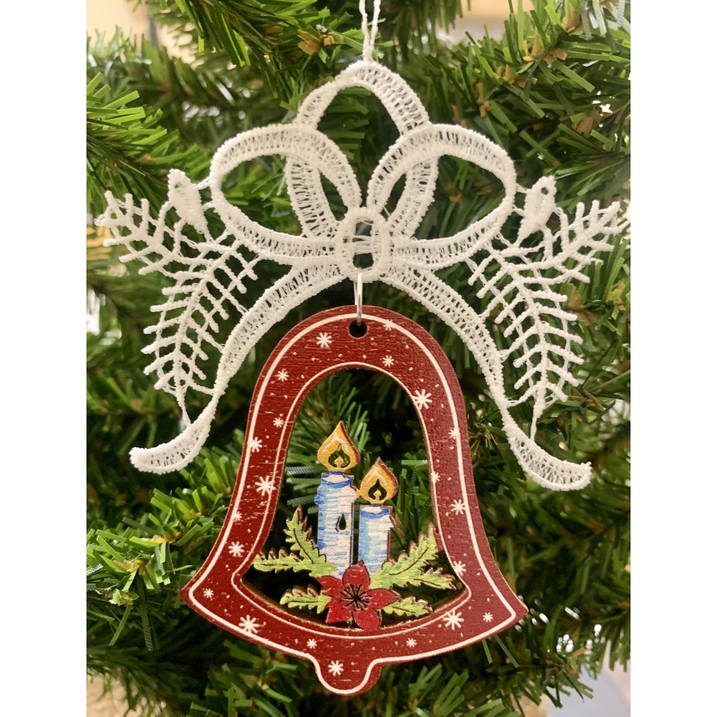 White Lace Ribbon with Colorful Bell and Candles Ornament Set of 3