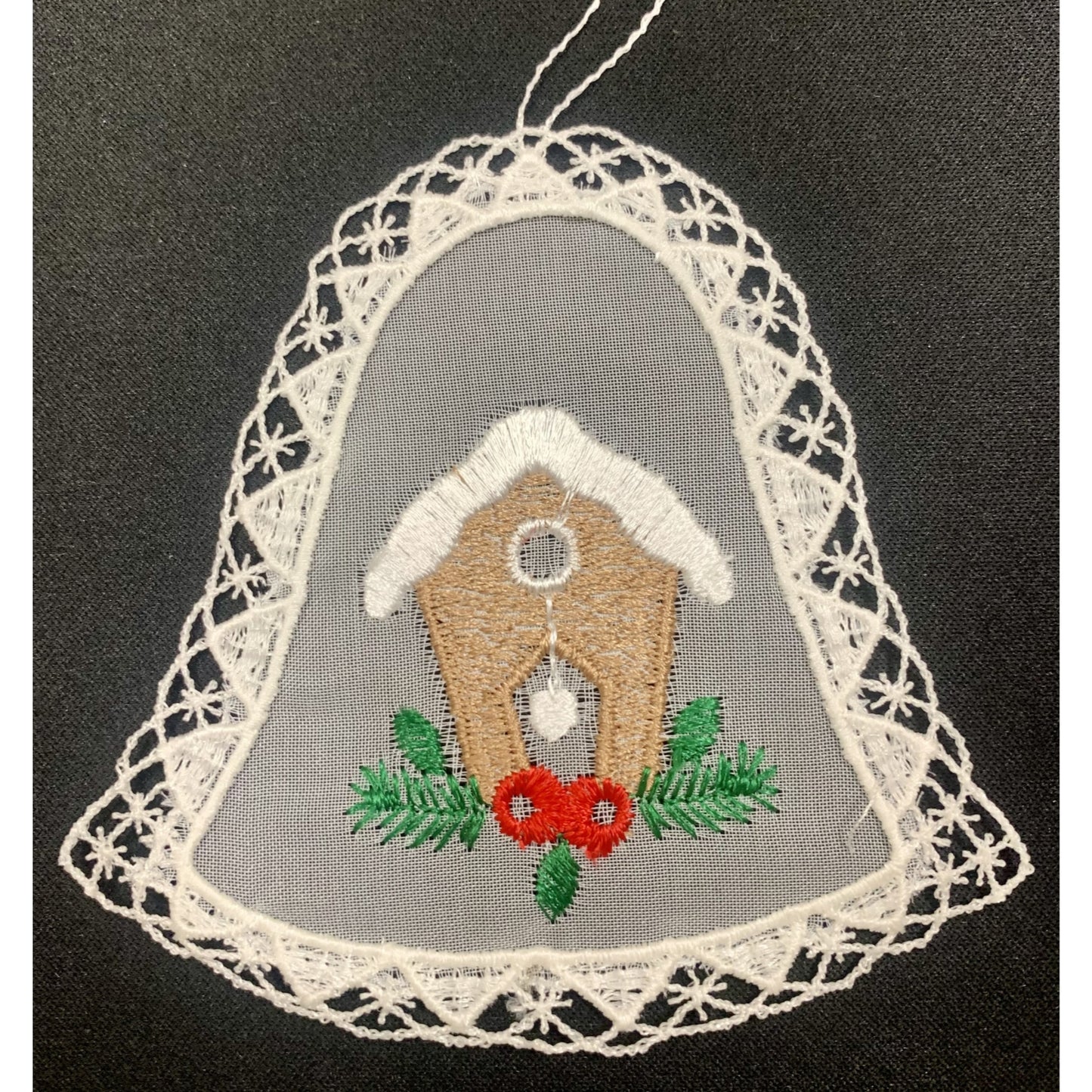 White Lace Bell with Brown Birdhouse in Center Hanging Ornament Set of 6