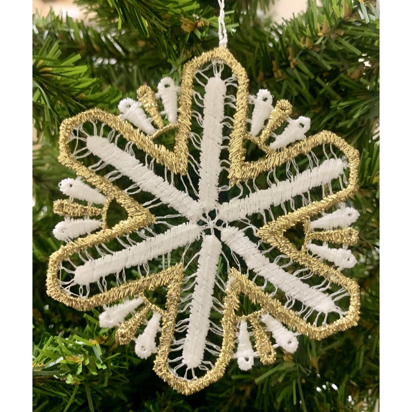 White and Gold Lace 6 Point Glitter Snowflake Hanging Ornament Set of 6