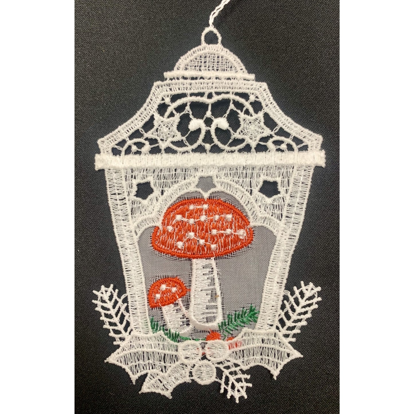 White Lace Bell with Red Top Mushrooms in Center Hanging Ornament Set of 6