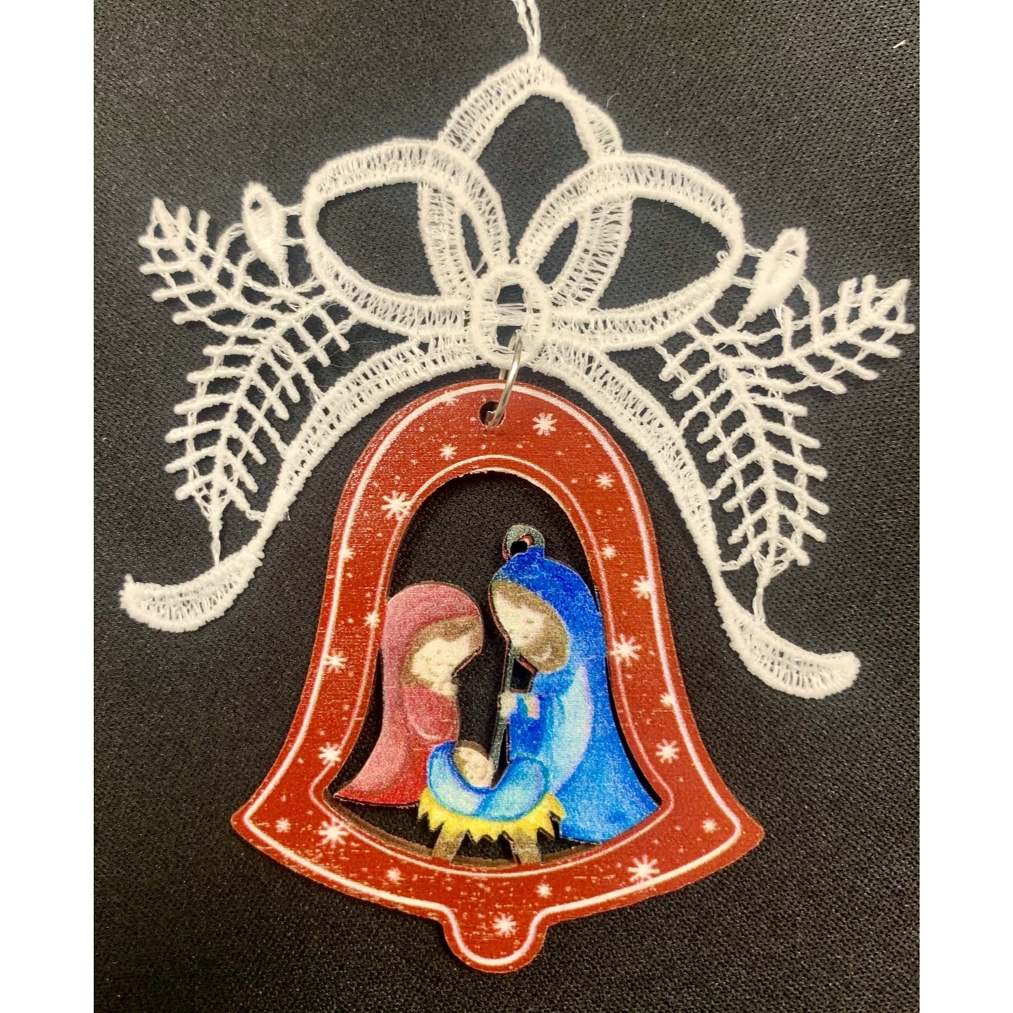 White Lace Ribbon with Colorful Nativity Scene Bell Ornament Set of 3