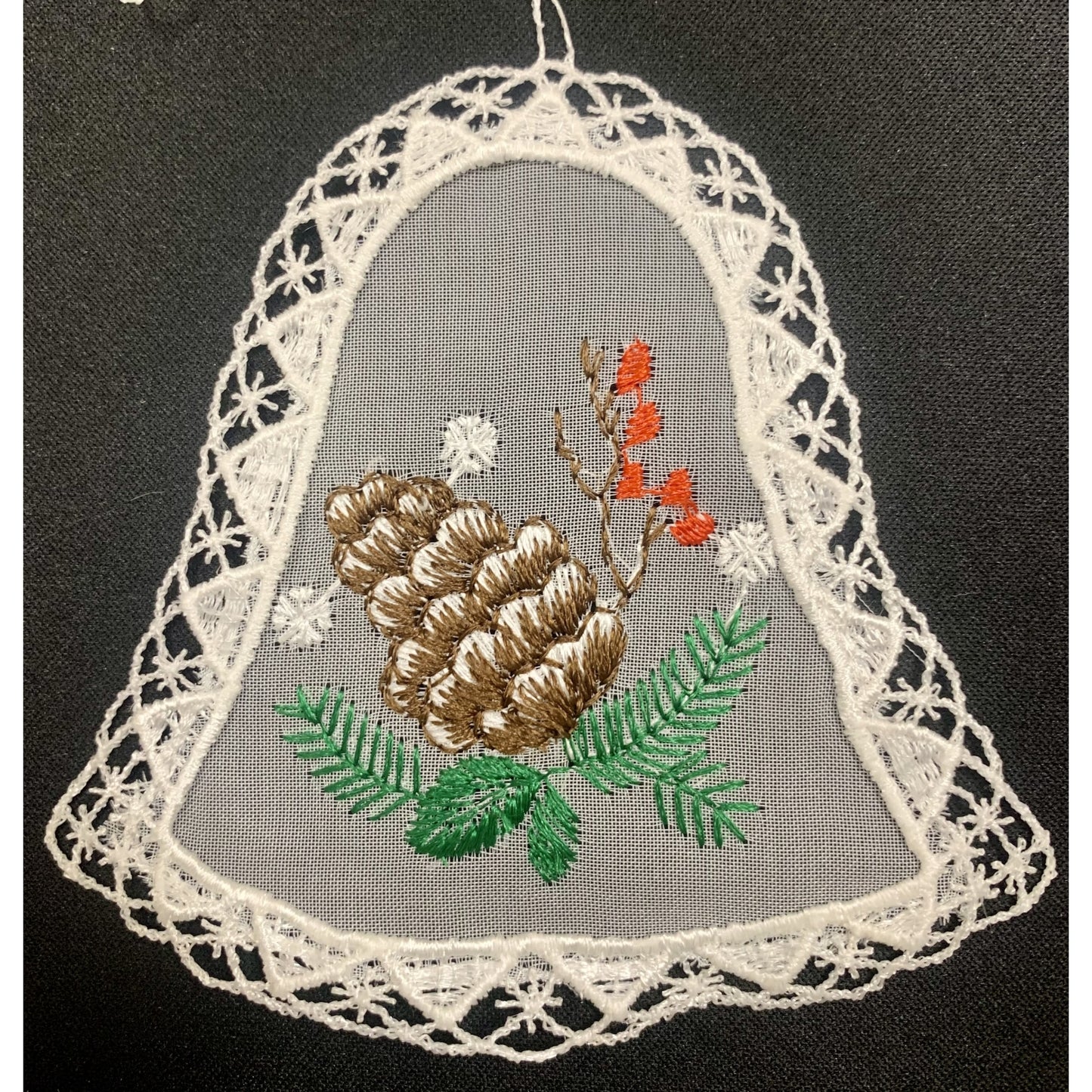 White Lace Bell with Brown Pine Cone in Center Hanging Ornament Set of 6