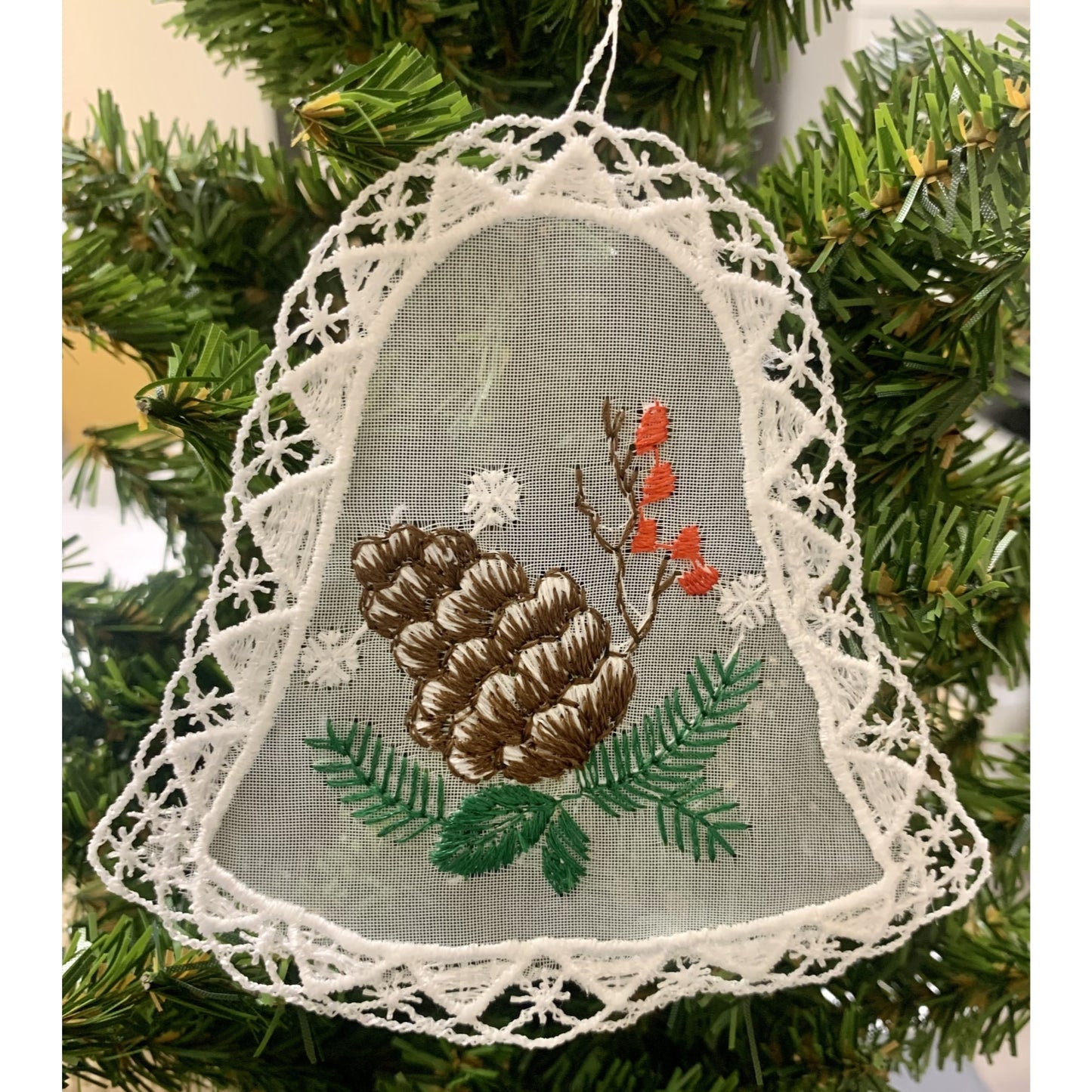 White Lace Bell with Brown Pine Cone in Center Hanging Ornament Set of 6