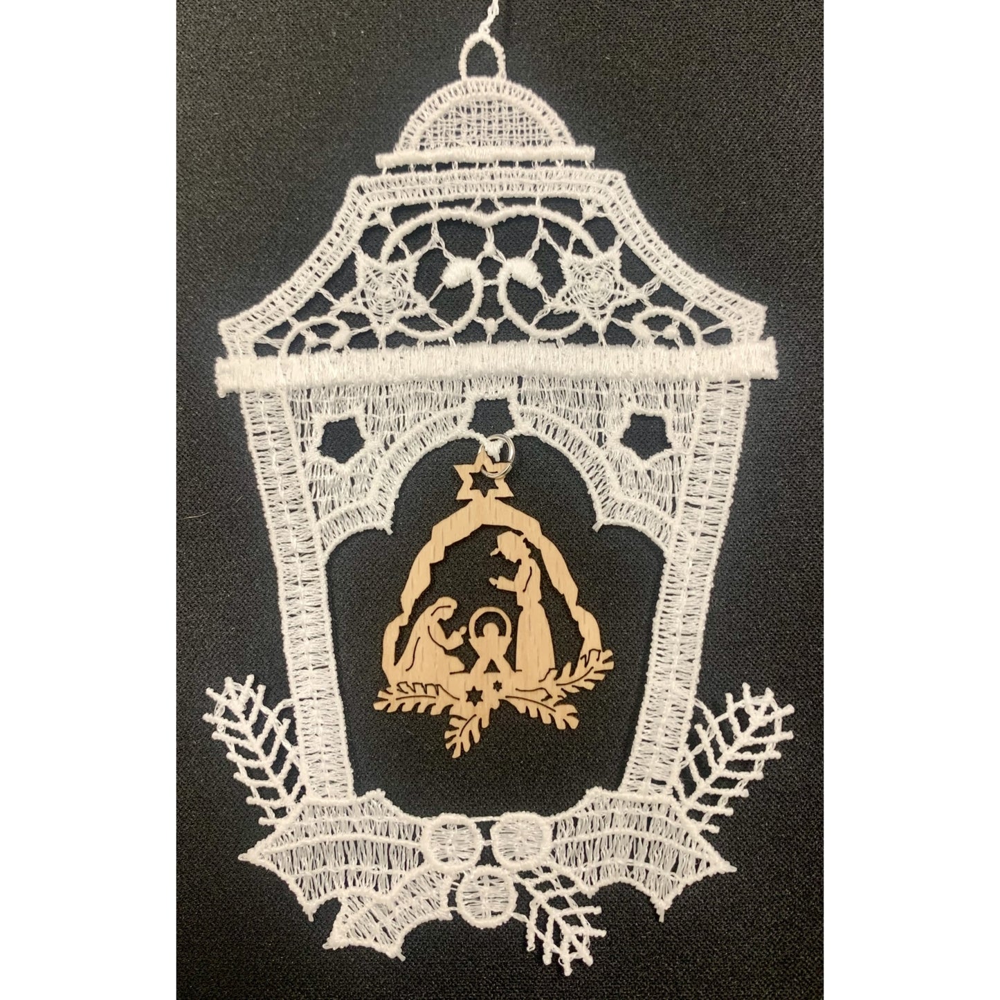 Lace Bell Ornament with Wooden Nativity Scene in Center Set of 3