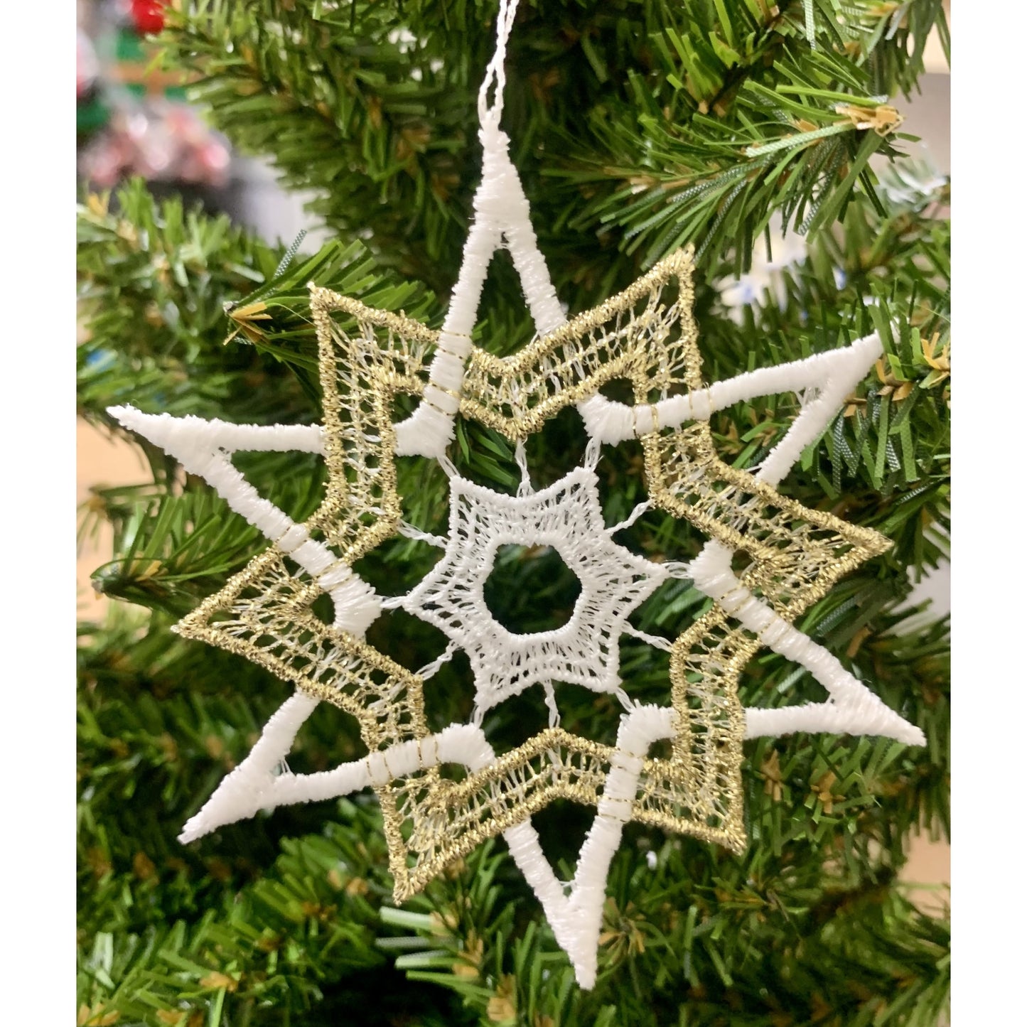 Gold and White Stars German Lace Christmas Tree Ornaments Set of 6 Snowflakes