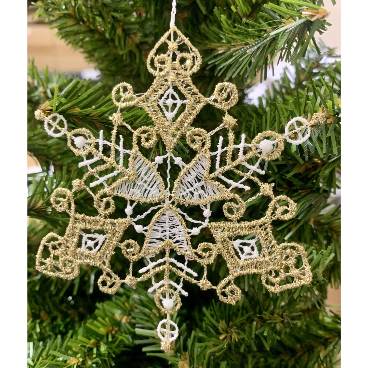 Gold and White Glitter Fancy 6 Point Snowflake Hanging Ornament Set of 6