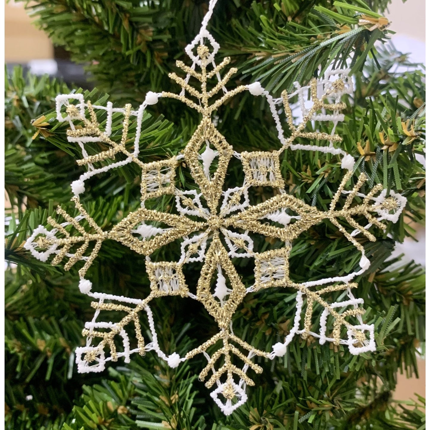 White and Gold Lace Glitter 8 Point Snowflake Hanging Ornament Set of 6