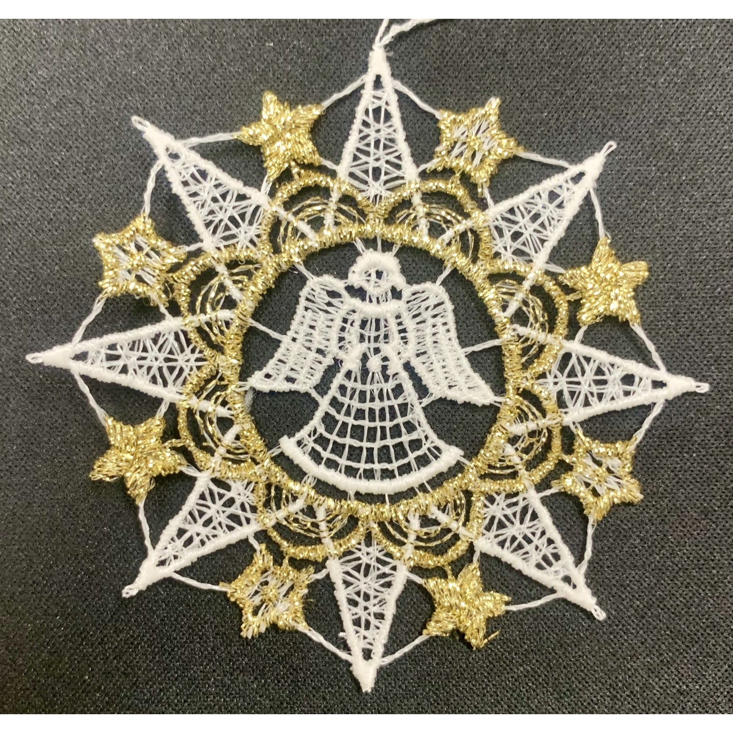 White and Gold Lace 8 Point Snowflake with Standing Angel Ornament Set of 6